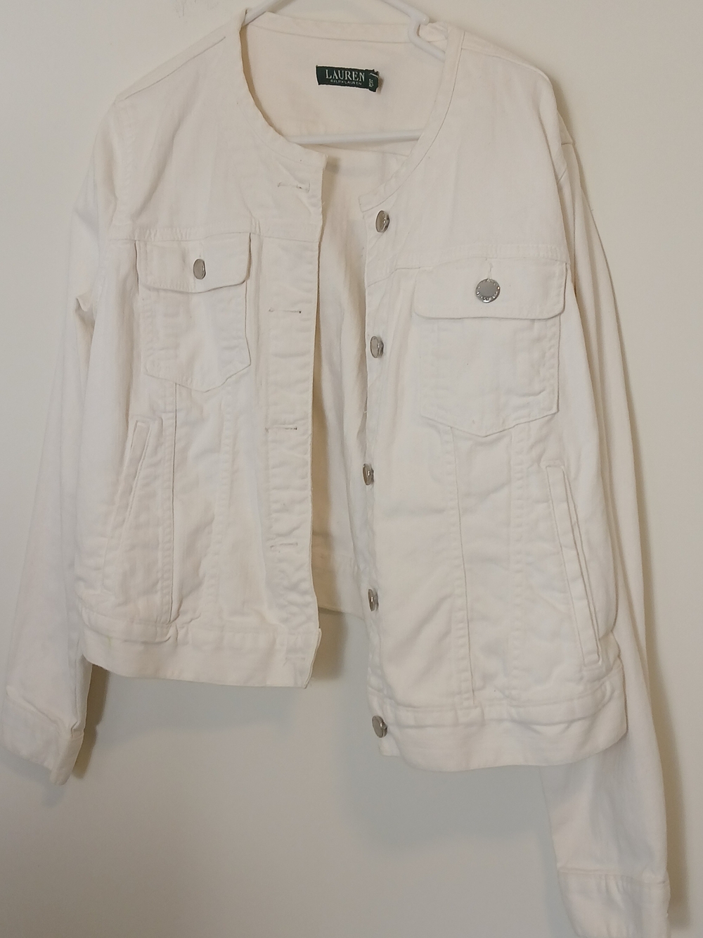 Ralph Lauren White Collarless Denim Jacket Xl Women's